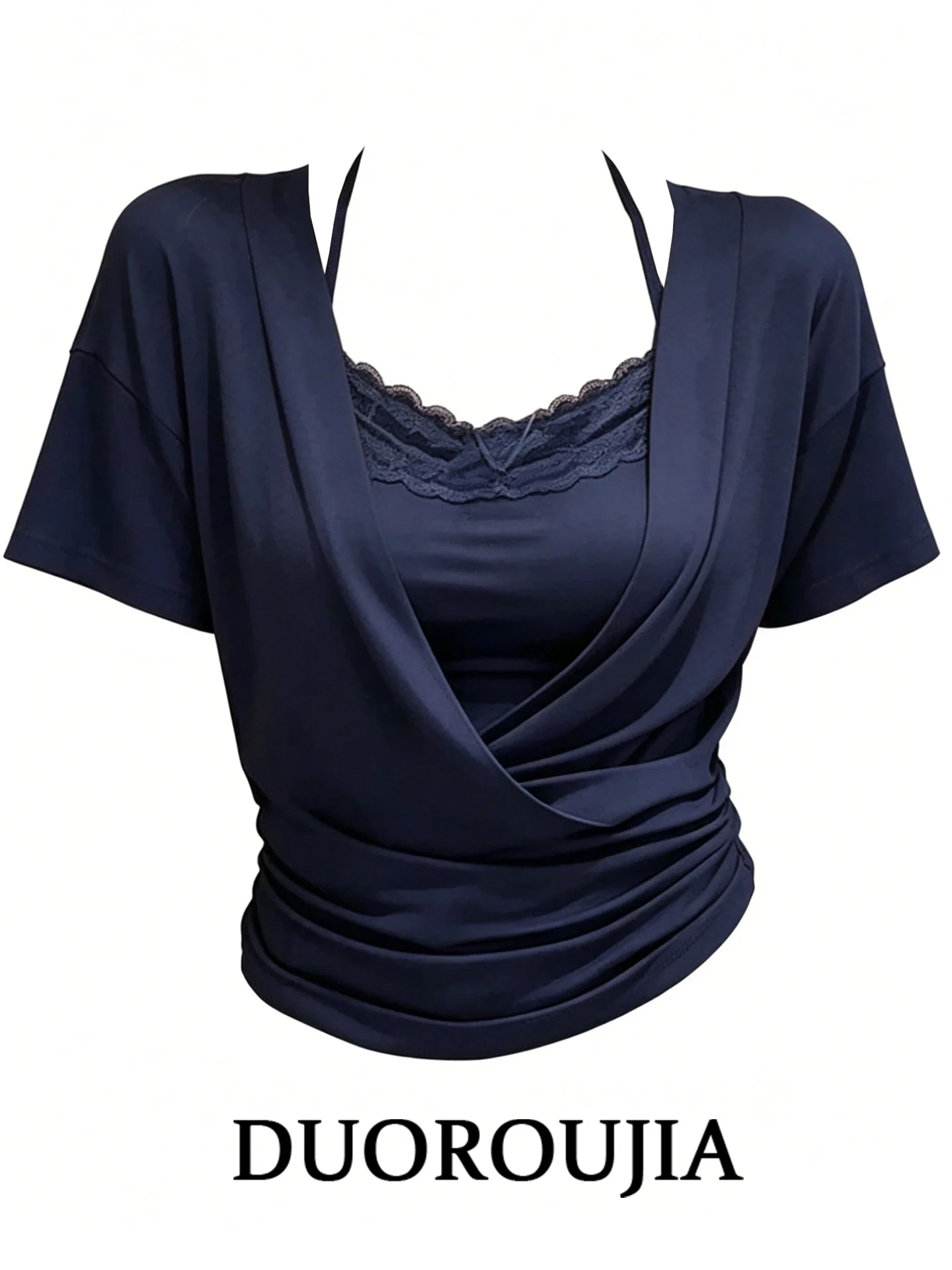 

DUOR plus Size Casual Style V-Neck Short Sleeve Women's Two-Piece Set Neck Hanging Strap Layering Slimming Summer Tops