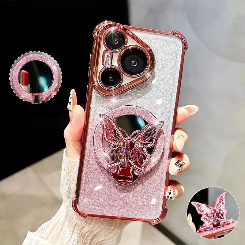 Shockproof Mirror Butterfly Holder Phone Case For Xiaomi Poco C75 C71 C65 C61 C55 C40 M7 4G M6 Plus M5S M3 M2 Pro 5G Soft Cover