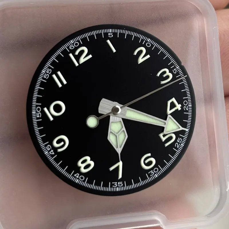 Watch Parts 28.5mm Black Sterile Pilot's Dial Green Luminous Top Flat Second Hand Suitable For NH35/36 Movement