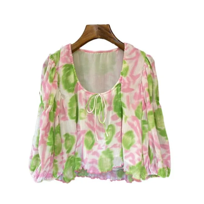 Sexy Shirts Women Printed Pleated Boho chiffon Blouse Summer Three quarters Sleeve Elegant Flower Tops Ruffles Ladies Blusas