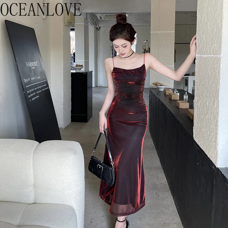 OCEANLOVE gaun musim semi musim panas untuk wanita gaun panjang elegan modis Vestidos Mujer seksi Vintage dasar berkilau Solid untuk wanita