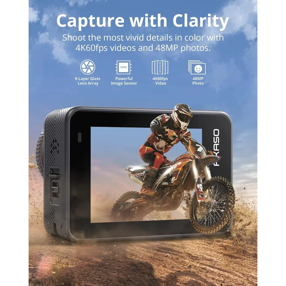 Action Camera, 48MP Photo Touch Screen Waterproof Super Wide Angle 16x Slo-mo