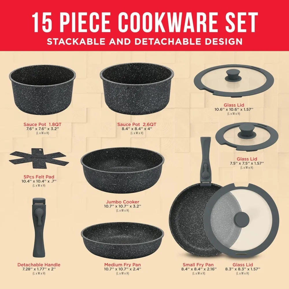 Bakken-Swiss Detachable 15-Piece Cookware Set  Granite Non-Stick Eco-Friendly  Stackable Removable Handles  for All Stoves