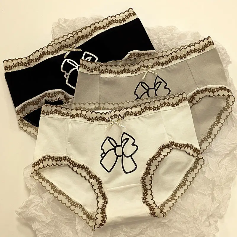 

Нижнее белье из чистого хлопка, женские антибактериальные студенческие бесшовные кружевные трусы со средней талией, дышащие индивидуальные очаровательные трусы