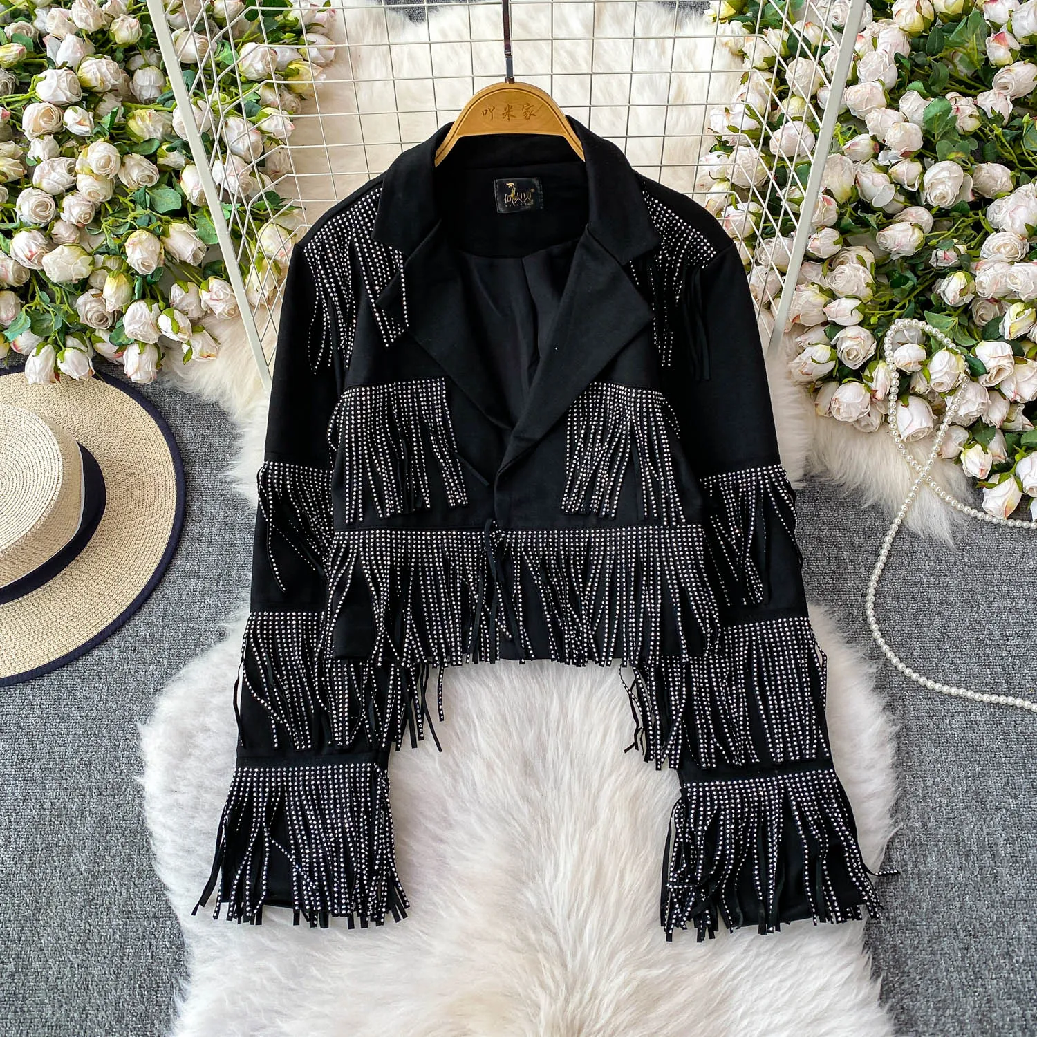 Chic Herfst Winter Vrouwen Diamanten Kralen Kwasten Pak Jas Hot Boren Omzoomd Blazers Jas Losse Lange Mouwen Vest Tops