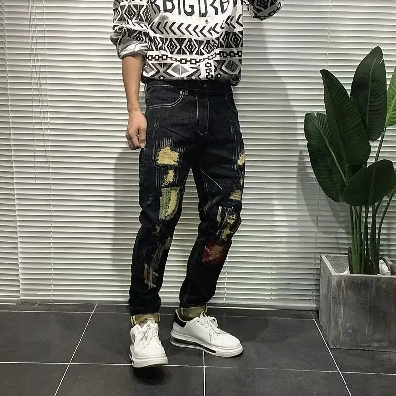 

Мужские джинсы в стиле ретро, корейские, модные, облегающие, длинные брюки, весна-лето, новые, с вышивкой, с дырками, в стиле рабочей одежды, повседневные, прямого кроя