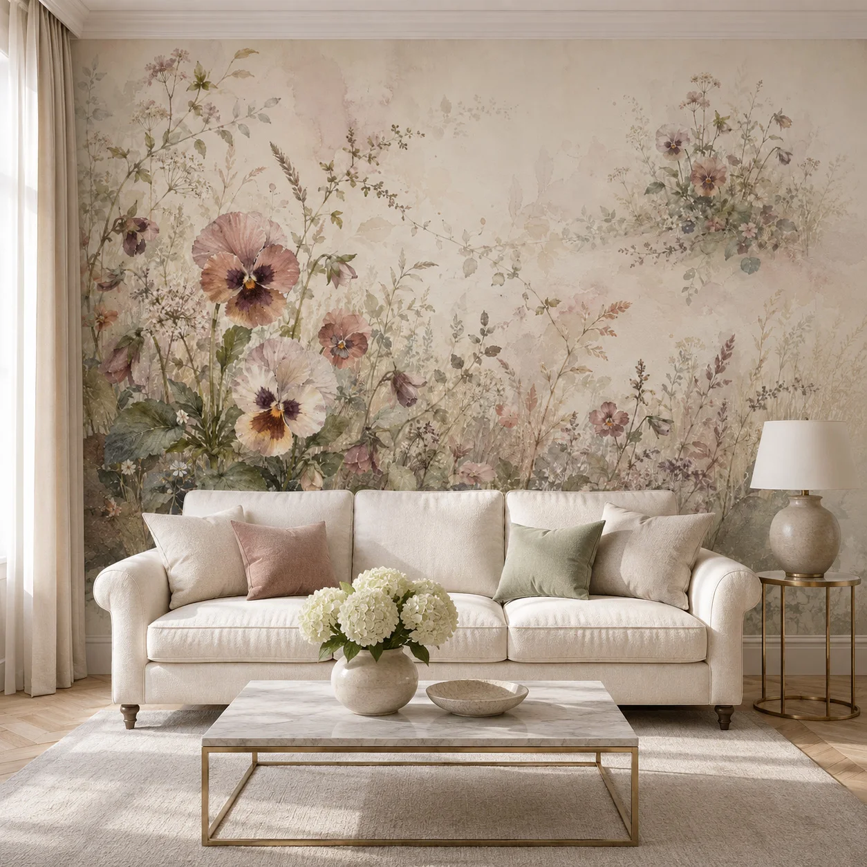 Vintage Pansy Floral Mural Wallpaper Watercolor Wildflower Botanical Wall Art Living Room Non Self Adhesive Glue Required