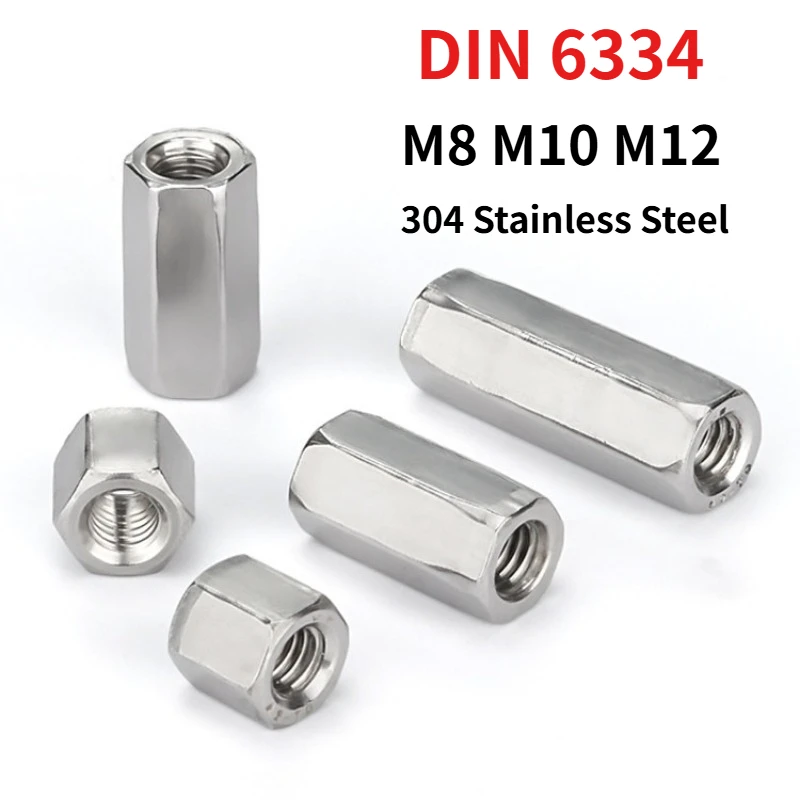 304 Stainless Steel Hex Long Coupling Nut DIN6334, Metric Hex Connecting Extension Nut, Joint Sleeve Nut M8 M10 M12