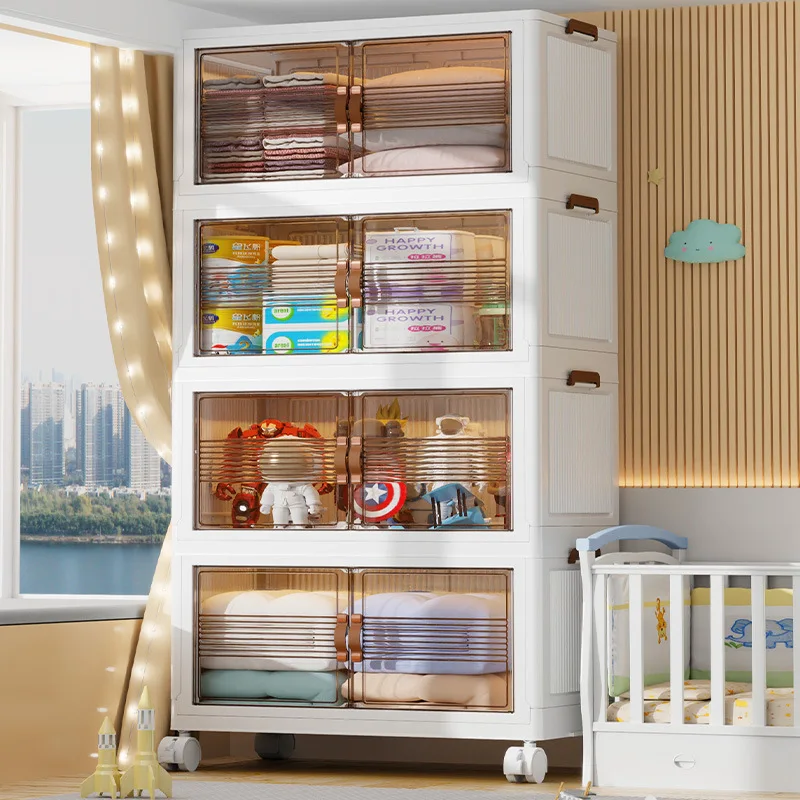 Folding Wardrobe Plastic Storage Box With Clear Doors, Portable Free Standing Bin For Books, Snacks, Clothes, Toys Organizer