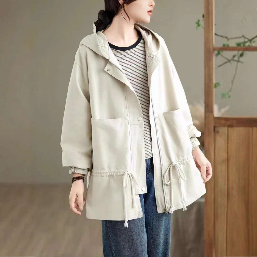 

SuperAen2025 Autumn New Korean Hooded Trench Coat Women's Big Pocket Splicing Long Sleeve Loose Casual Coat