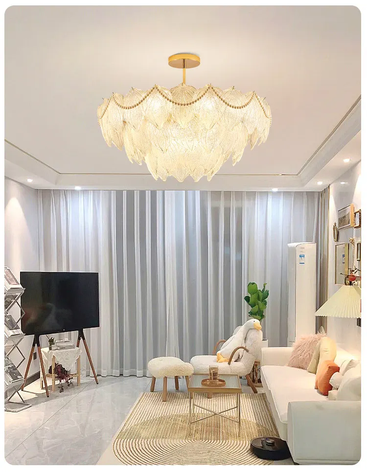 E14 Light Source Maple Leaf Glass Hanging Piece Led Pearl Pendant French Light Luxury Chandelier Living Room Island Chandelier