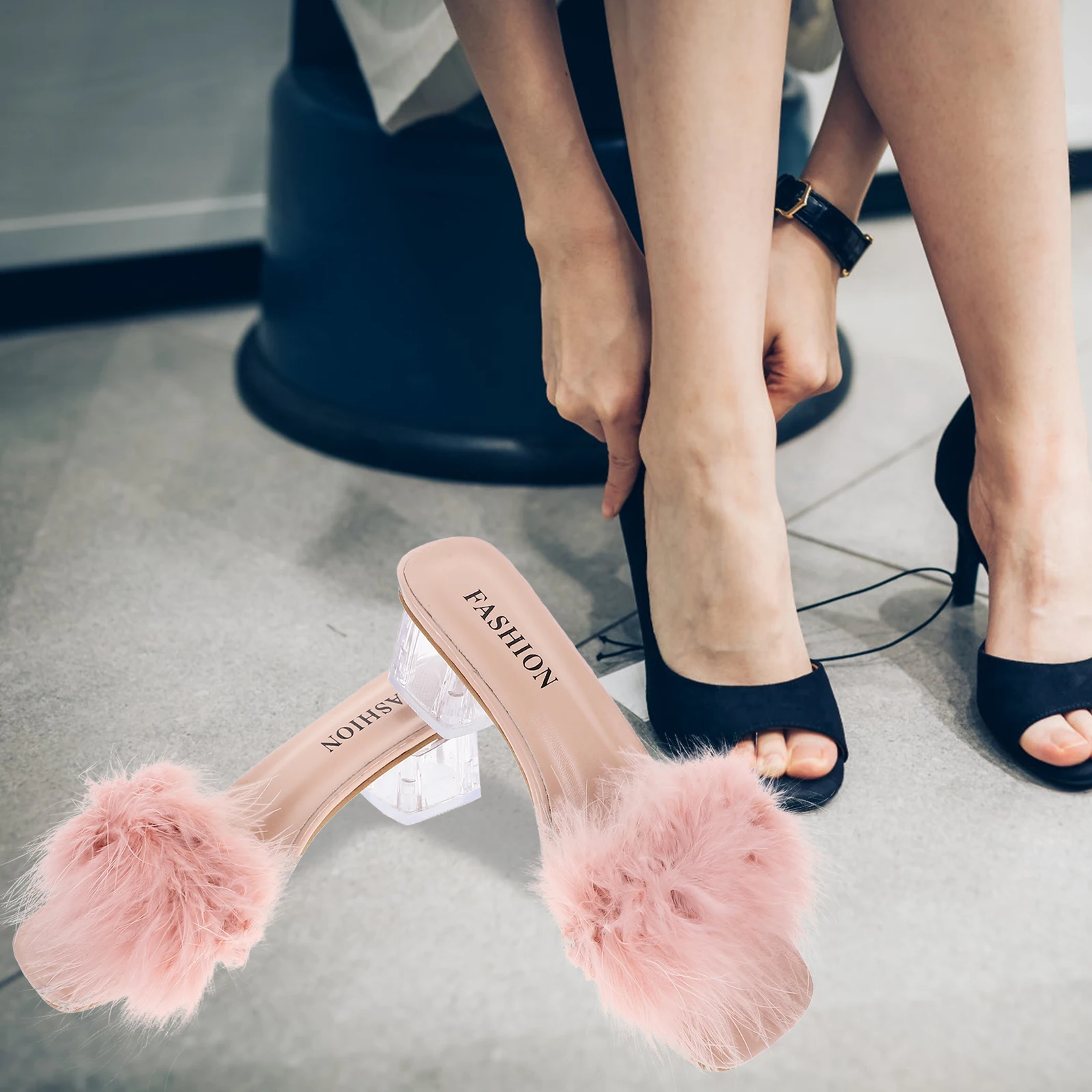 

Women -Toe Wear Beach Sandals Rubber Chunky Heel Open Toe Summer Pink Chunky Heel Sandals Fuzzy House Indoor Outdoor