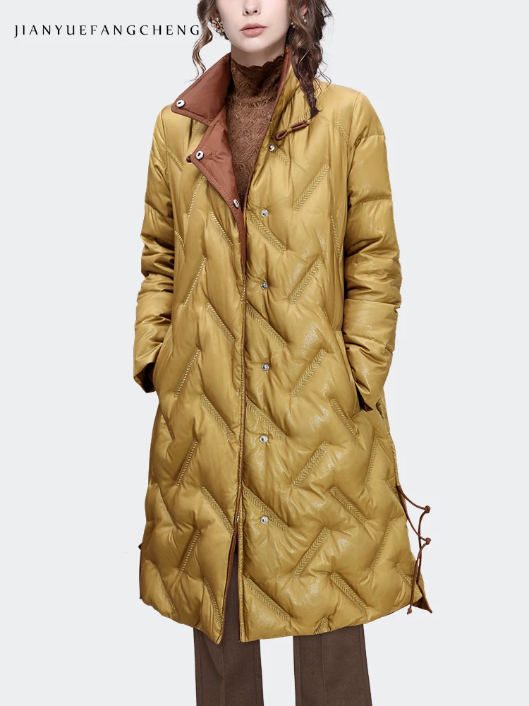 Winter Women Knee-length Long Down Jacket Embroidered Warm Thickened Windproof Trench Coat Loose-fitting Duck Down Winter Parkas