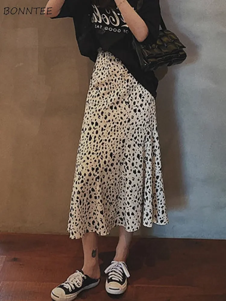 

Midi Skirts Women Fashion Leopard Design High Waist All-match Hotsweet Simple Summer Retro A-line Daily Tender Korean Style Cozy