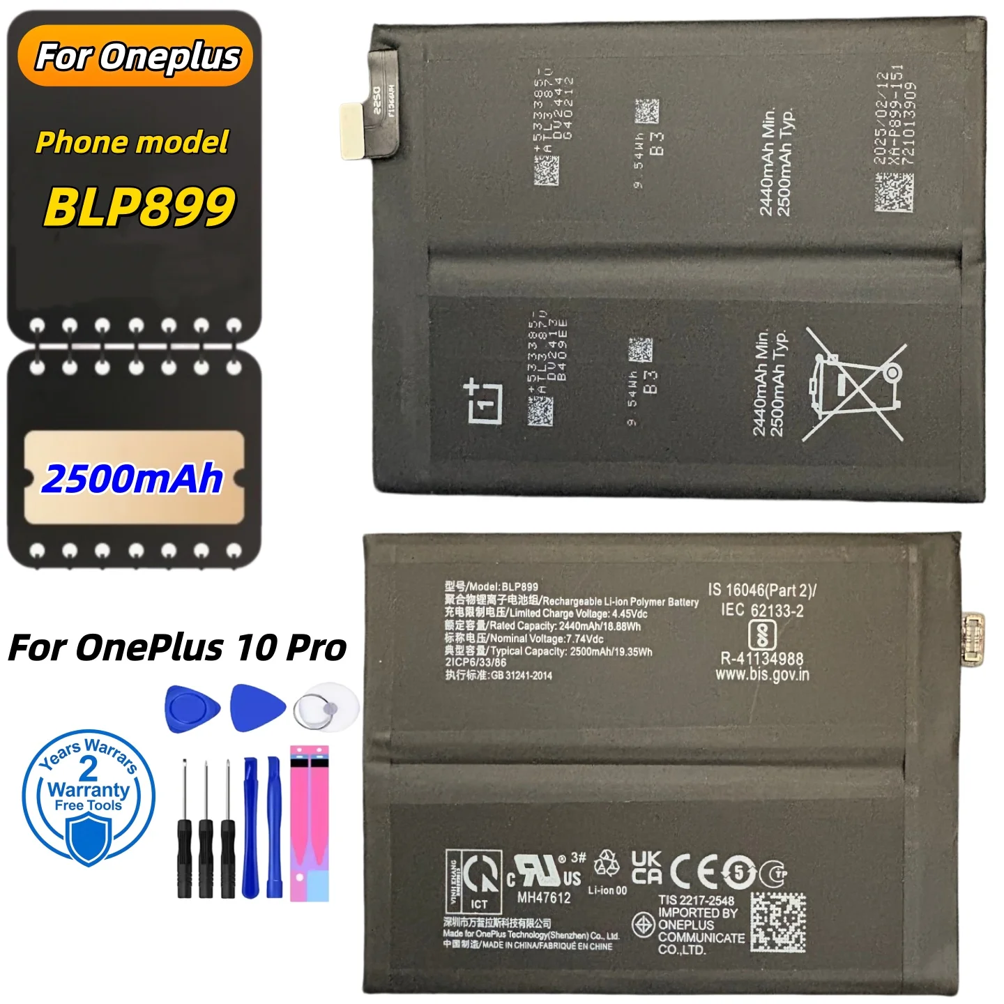 

High Quality BLP899 Capacity Phone Replacement Battery For OnePlus 10 Pro / 1+10 PRO 2500mAhx2 Batteries +Free Tools