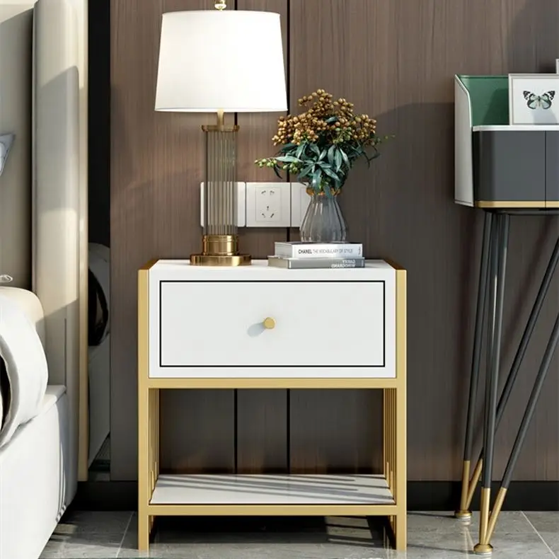Nordic Light Luxury Simple Modern Bedside Cabinet Marble Small Family Metal Bedroom Storage Cabinet Nightstand