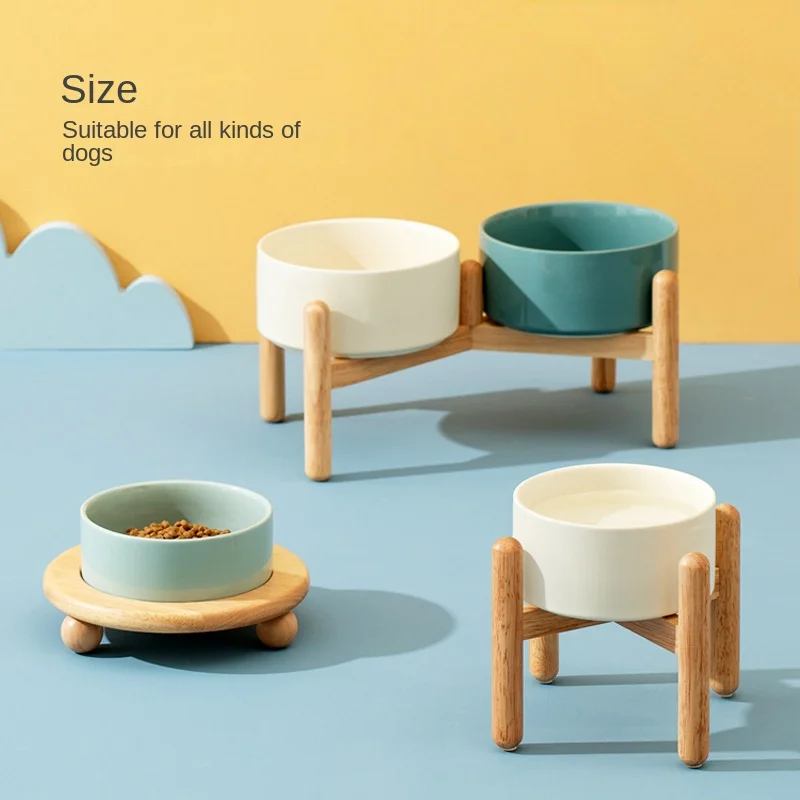 1800ml Big Dogs Bowl Double Ceramic Elevated Pet Food Water Feeders Small Medium Large Dog Feeding Supplies with Wooden Stand