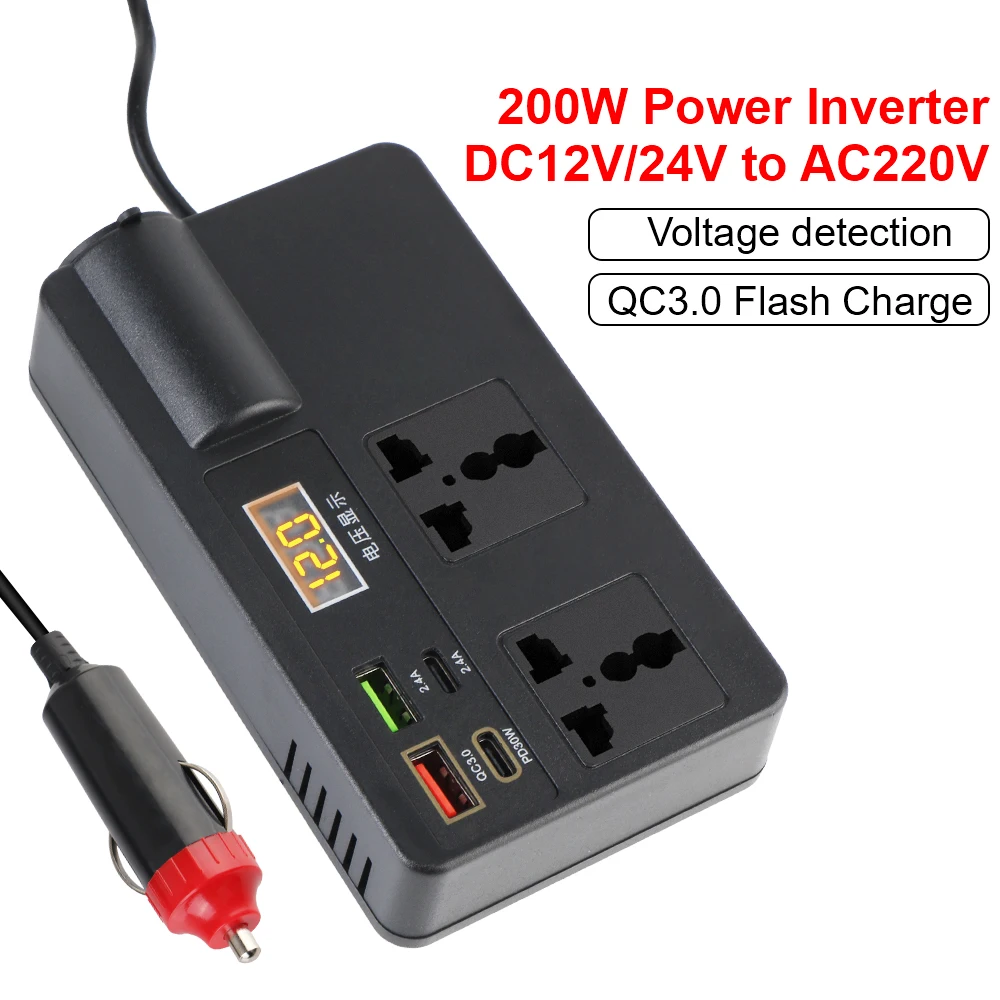 200W ON/OFF Switch USB/PD/Type-C Chargers Power Adapter Universal DC 12V/24V to AC 220V Converter Car Inverter Voltage Detection