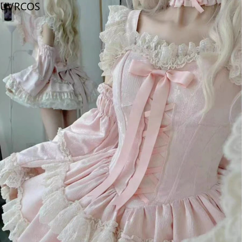 Sweet Elegant Lolita Princess Dress Women Kawaii Cute Lace Ruffles Bow Slim Dresses Japan Harajuku Y2k Evening Party Mini Dress