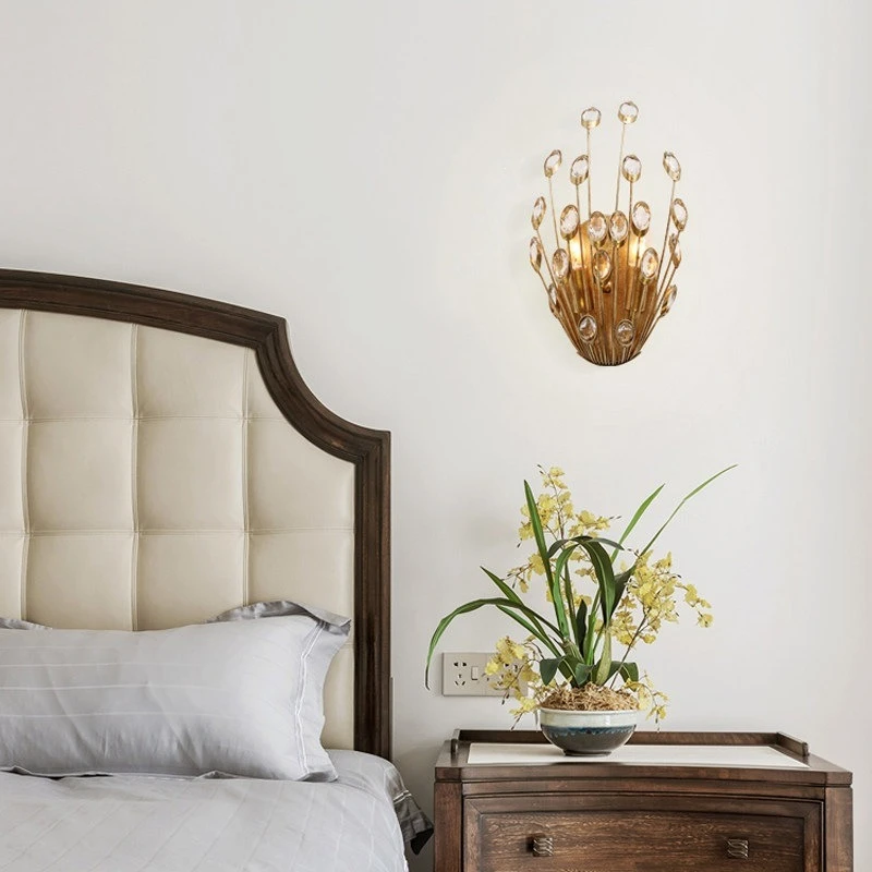 Vintage Wrought Iron Crystal Wall Lamp Bedside Sofa Background Bar Counter Entrance Hallway Luxury Peacock Opening Screen Light