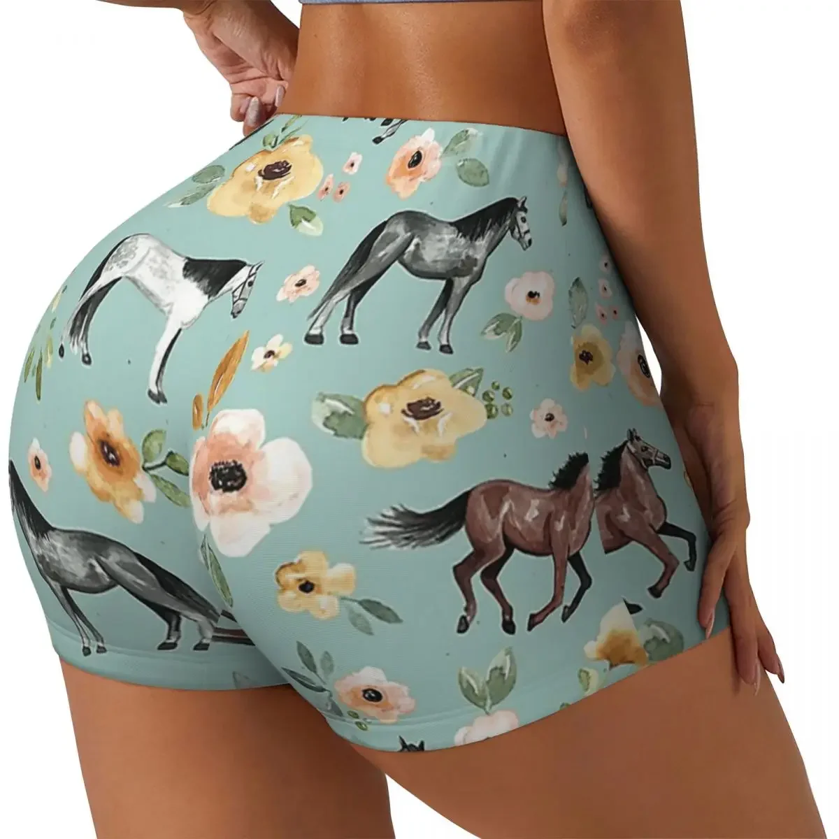 Custom Horses With Flowers, Sunrise Floral, Blue, Horse Decor Women Gym Workout Running Shorts Athletic Biker Yoga Shorts