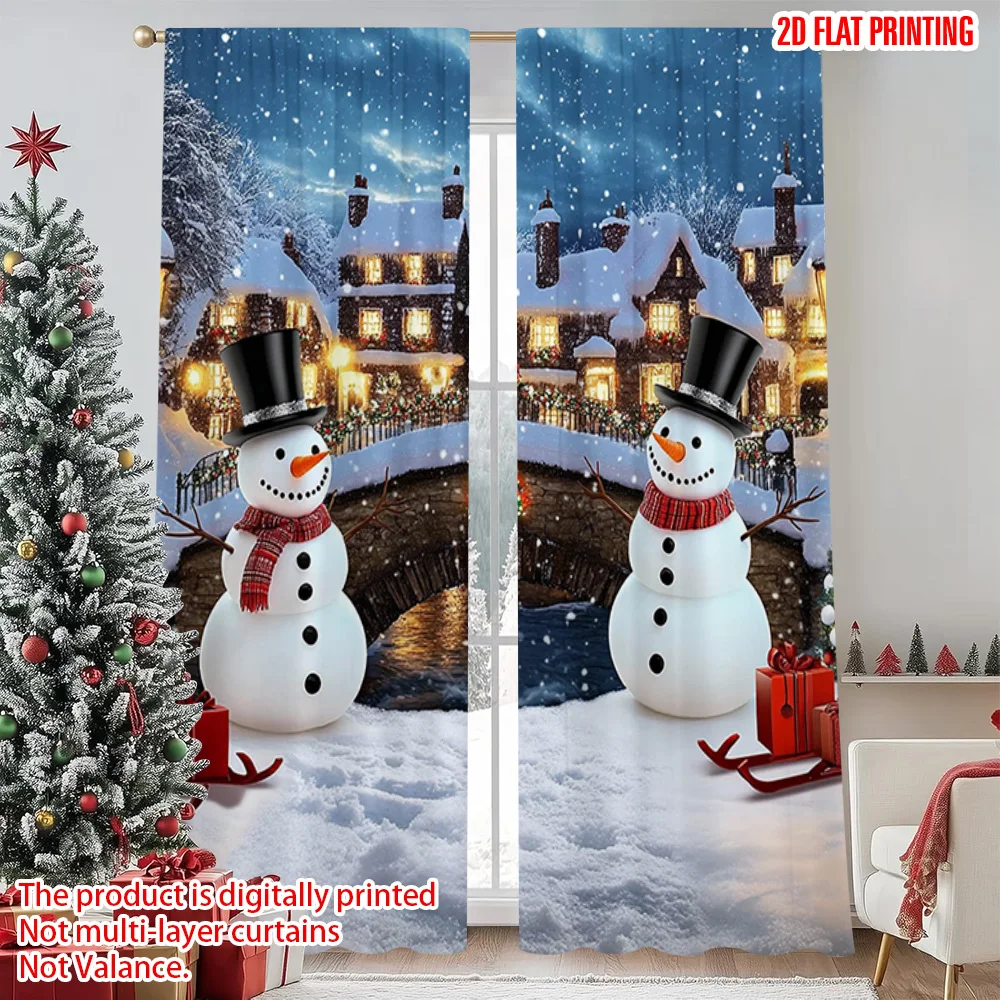 

2pcs 2D flat printing Christmas Window Curtains Winter Town Snowman Scene1 Machine Washable Polyester Without Electricity Spring