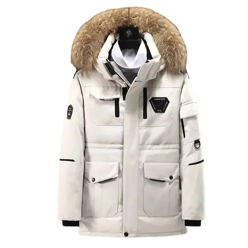 Winter Mens Down Jacket 90% White Duck Down Parkas Coat Mid-length Fur Collar  -30 Degree Keep Warm Male Thicken Snow Overcoats