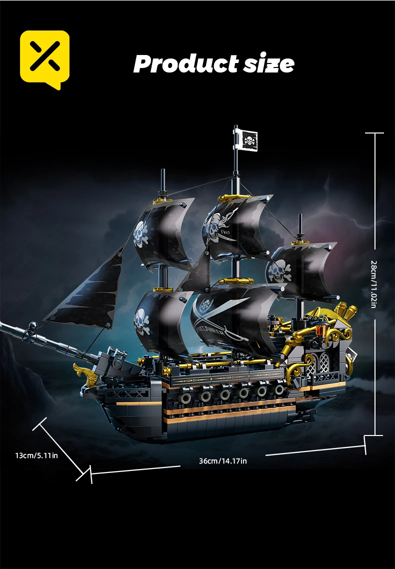 Schwarzes Segel Piratenschiff Bausteine 3-Masted Segelboot Ziegel Erwachsene Sammlerstück DIY Montage Modell Display Dekoration Spielzeug Geschenk – Detail 8