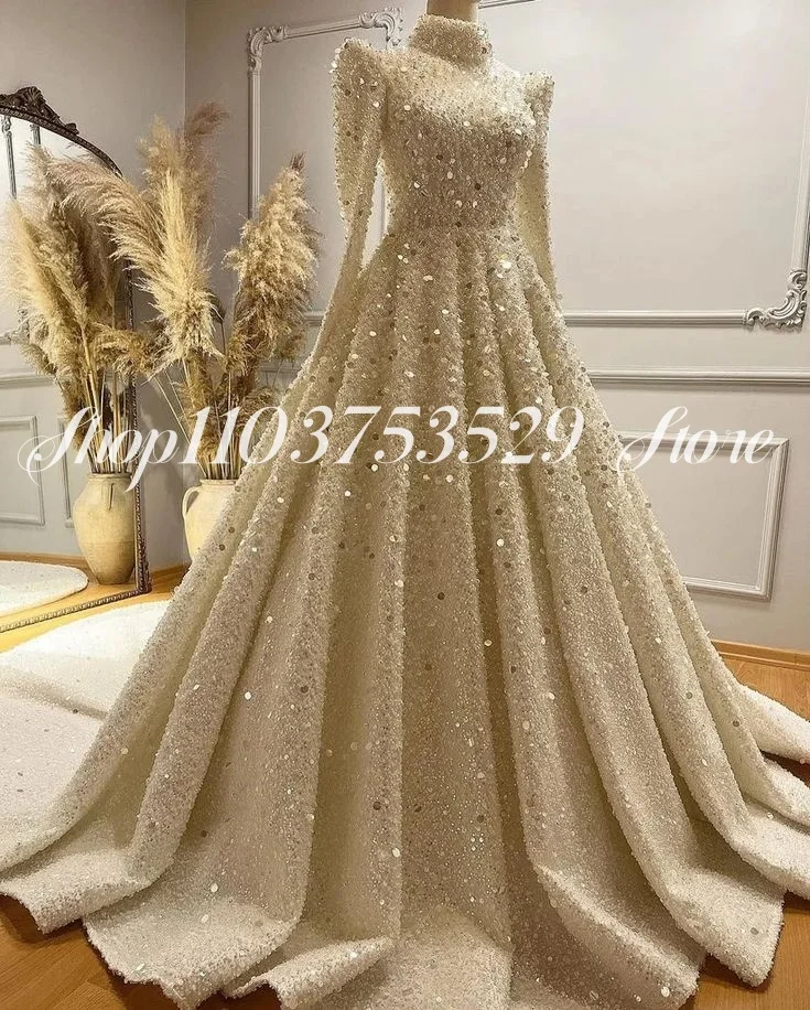Luxury Muslim Evening Gowns Sparkling High Neck Long Sleeve Inlaid Sequins A-Line Prom Long Customised Ethnic Wedding Dresses