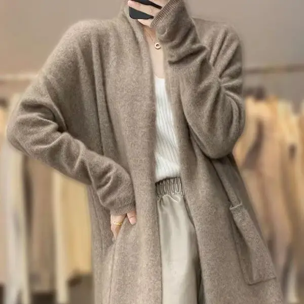 Long cardigan sweater female 100% pure cashmere autumn loose lazy wind high-end sweater coat.