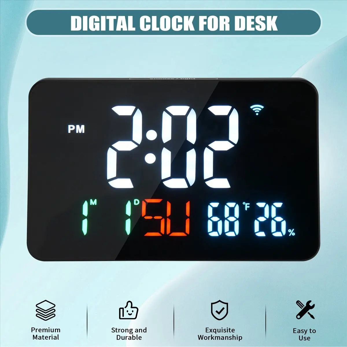 A36R Digital Clock Alarm Clock WiFi Clock, Extra Large Letters, Temperature and Humidity, Calendar, Week, 4-Level Brightness