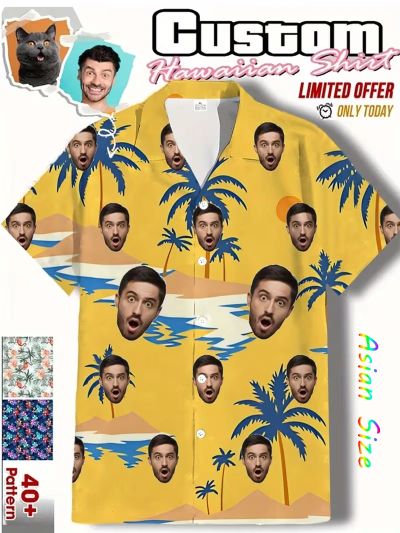 

Забавные Гавайские рубашки с настраиваемым принтом для лица и фото, гавайские рубашки с тропическими растениями, унисекс, рубашки азиатского размера для мужчин, одежда, блузки