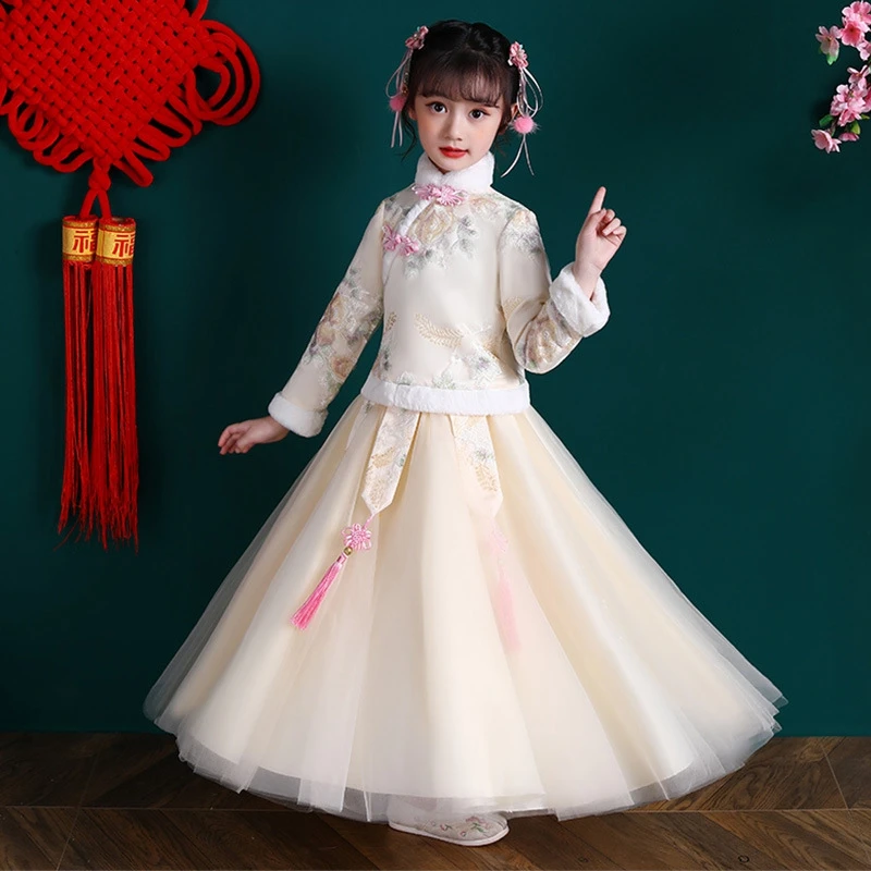 2022 Winter New Girls Cheongsam Dress National Tide Big Plate Buckle Tassel Long-sleeved Velvet Children Ancient Dresses