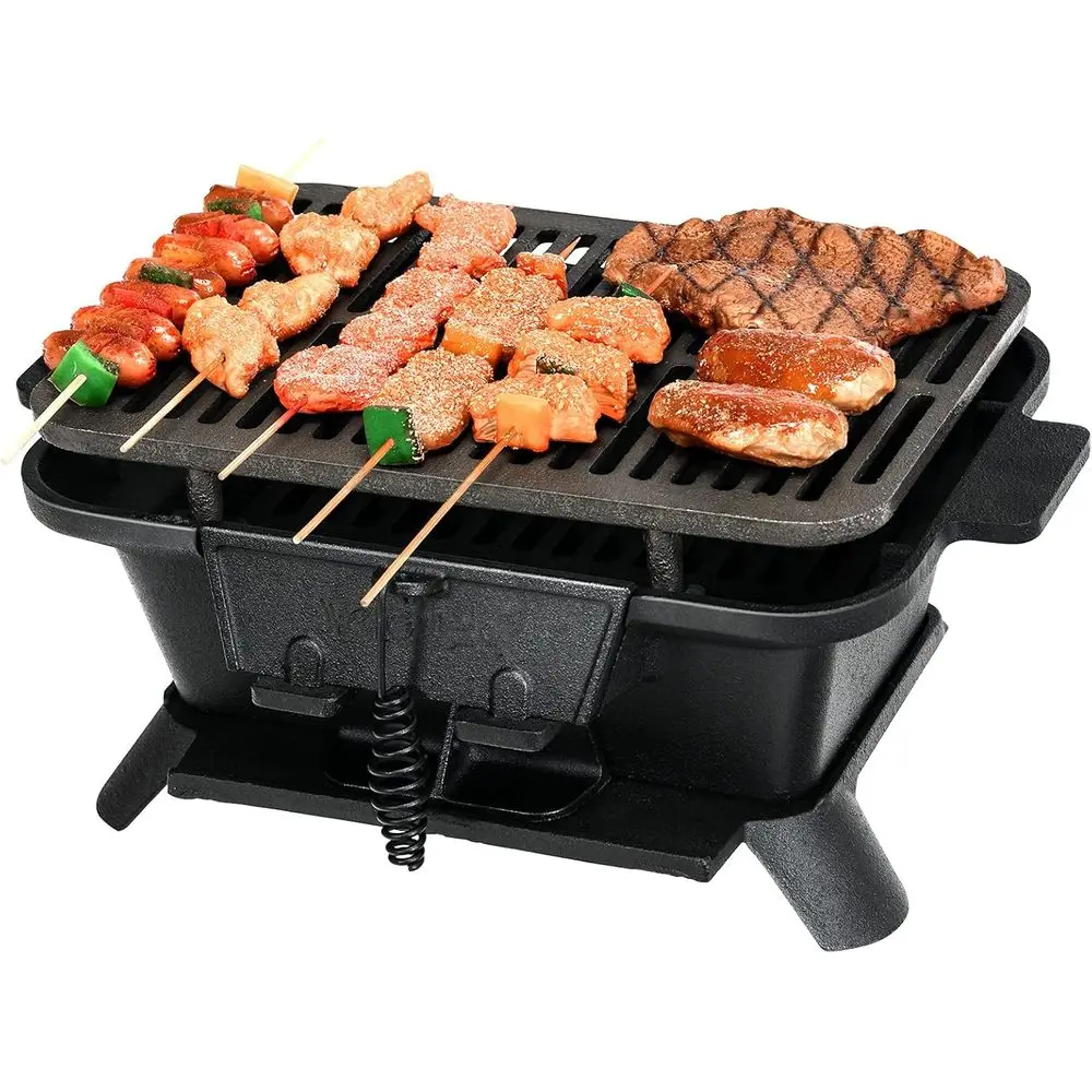 

Portable Cast Iron Hibachi Grill with Double-Sided Grilling and Air Control for Outdoor Adventures