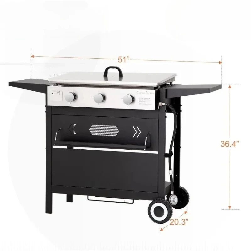 L Parrilla de gas superior plana con tapa Parrilla de barbacoa de propano de 3 quemadores Estación de cocina al aire libre, se puede convertir en rejilla de mesa
