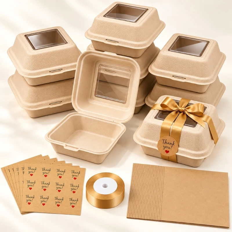 2025 New Dessert Container Cake Bentos Boxes with Clear Window Cake Boxes with 50 Boards, 60 Decorative Labels, and Ribbon for