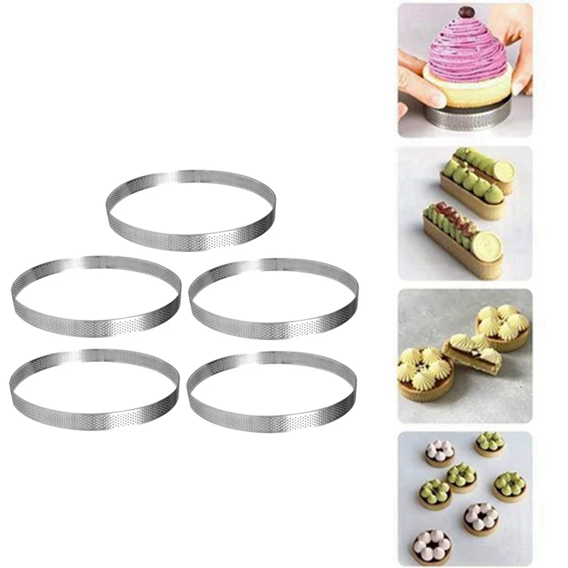5 paquets 20Cm 10 pièces anneaux à tarte circulaires avec trous en acier inoxydable tarte aux fruits Quiches gâteau Mousse moule cuisine moule de cuisson