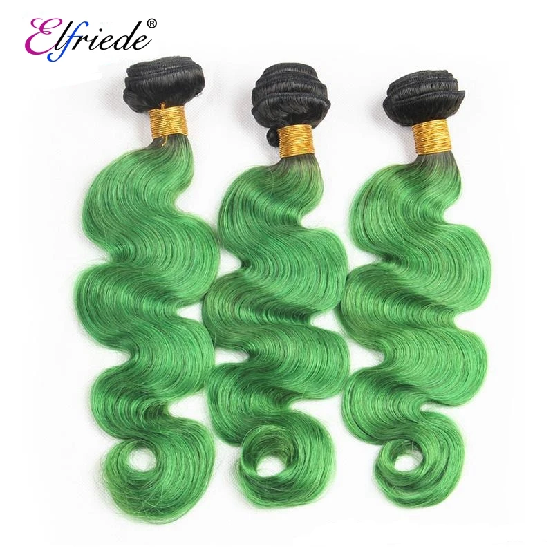 Elfriede #1B/Green Body Wave Hair Bundles with 4X4 Lace Closure Brazilian 100% Remy Human Hair Extensions 3 Bundles with Closure