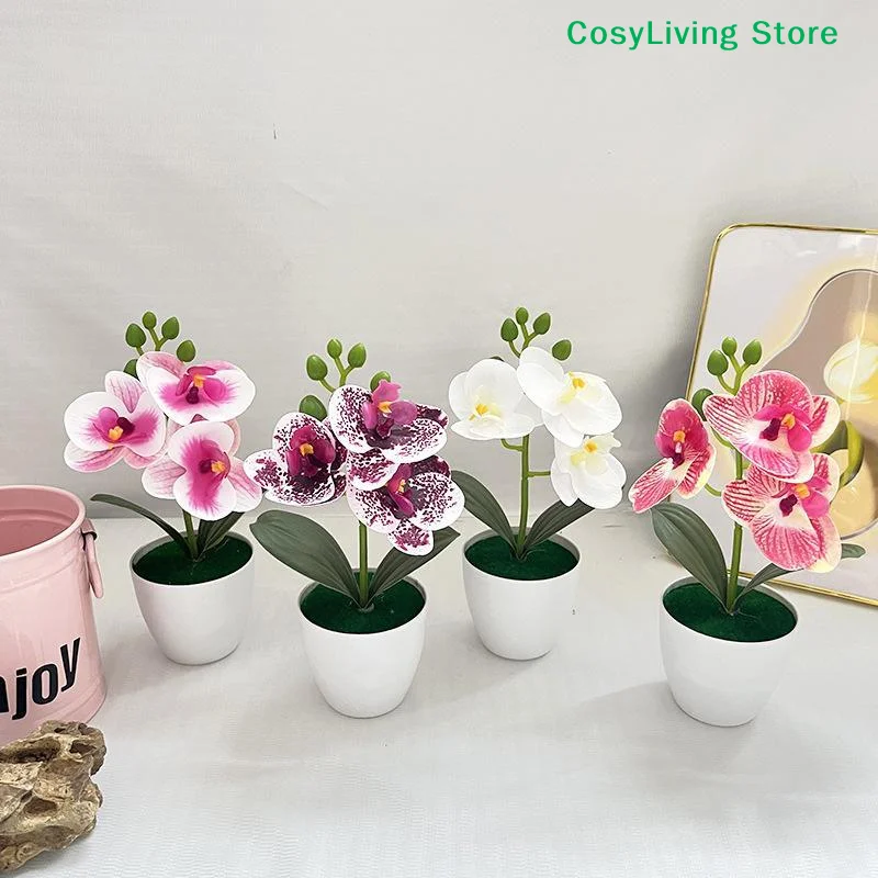 [CL]Artificial Orchid Potted Plant 3 Heads Mini Phalaenopsis Fake Flower Plastic Desktop Ornament Home Living Room Decoration
