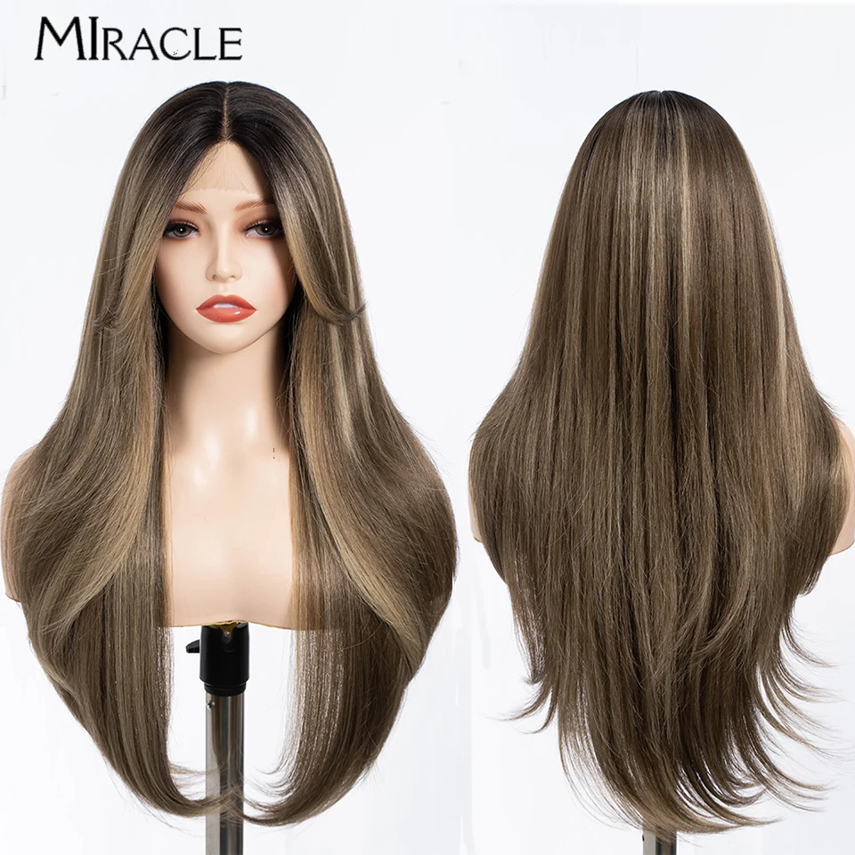 

MIRACLE Straight Hair Lace Wig Cosplay 26 Inch Synthetic Lace Front Wigs for Women Fantasy Brown Blonde Wig Natural Daily Wigs