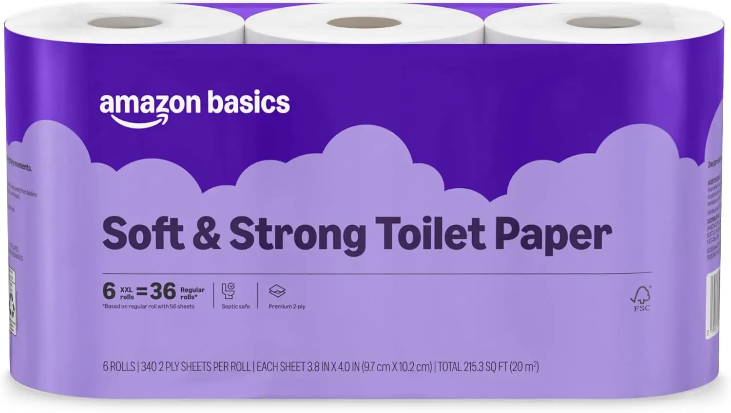 Basics Soft and Strong 2-Ply Toilet Paper, 6 Ultra Rolls = 24 Regular Rolls, Unscented, 340 Sheet (1 Pack of 6), Packaging May V