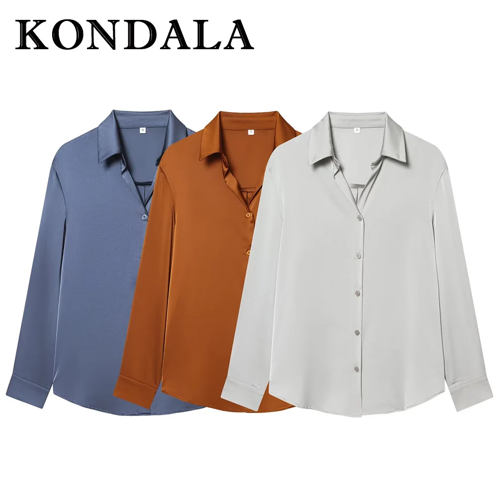Kondala chique moderno elegante cetim luxuoso blusa prateada em linha reta professor camisa moda 2025 outono senhora do escritório camisa feminina