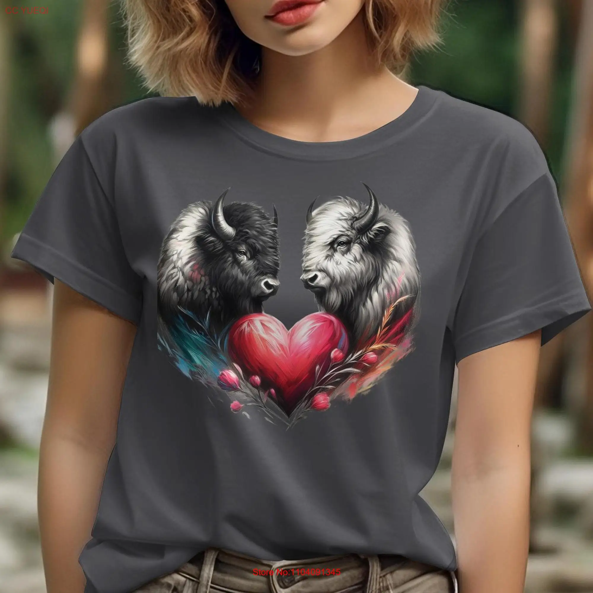 Women's T Shirt Love Heart Buffalo Design Artistic Bison Soft Cotton long or short sleeves