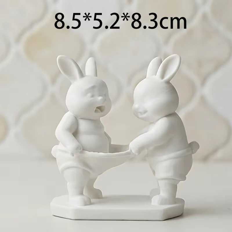 3D Printed Matte White Funny Bunnies Figurine Playful Pulling Underwear Rabbit Sculpture Minimalist Cute Animal Statue