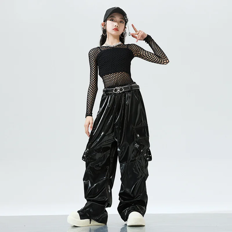 أطفال بنات ملابس رقص الجاز الأسود صافي قمم السراويل الجلدية الاطفال الهيب هوب أداء الملابس Kpop الحديثة مرحلة الرقص ارتداء