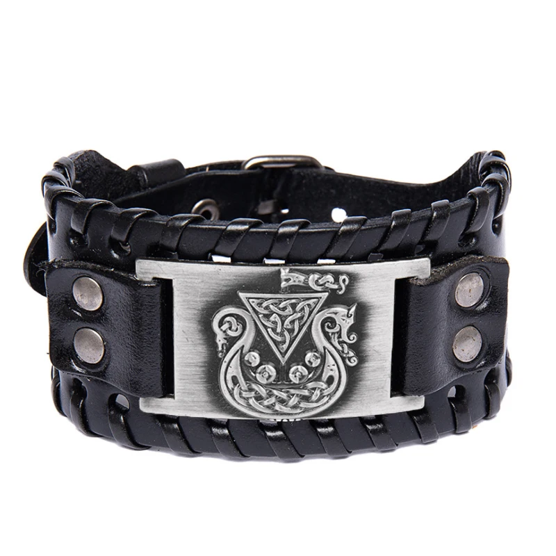 Trendy Nordic Odin Triangle Pirate Ship Bracelet Viking Men's Bracelet Fashion Leather Woven Accessories Party Jewelry Wholesale