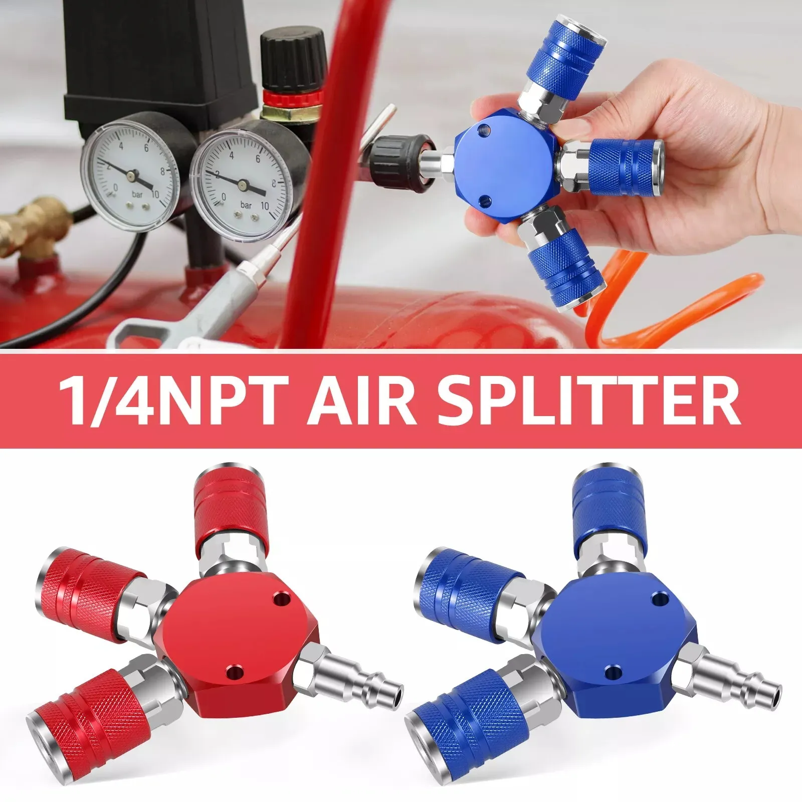 3 Way Air Manifold Splitter 1/4 Inch Industrial Pneumatic Compressor Hose Adapter 3 Outlets Quick Connect 300 PSI
