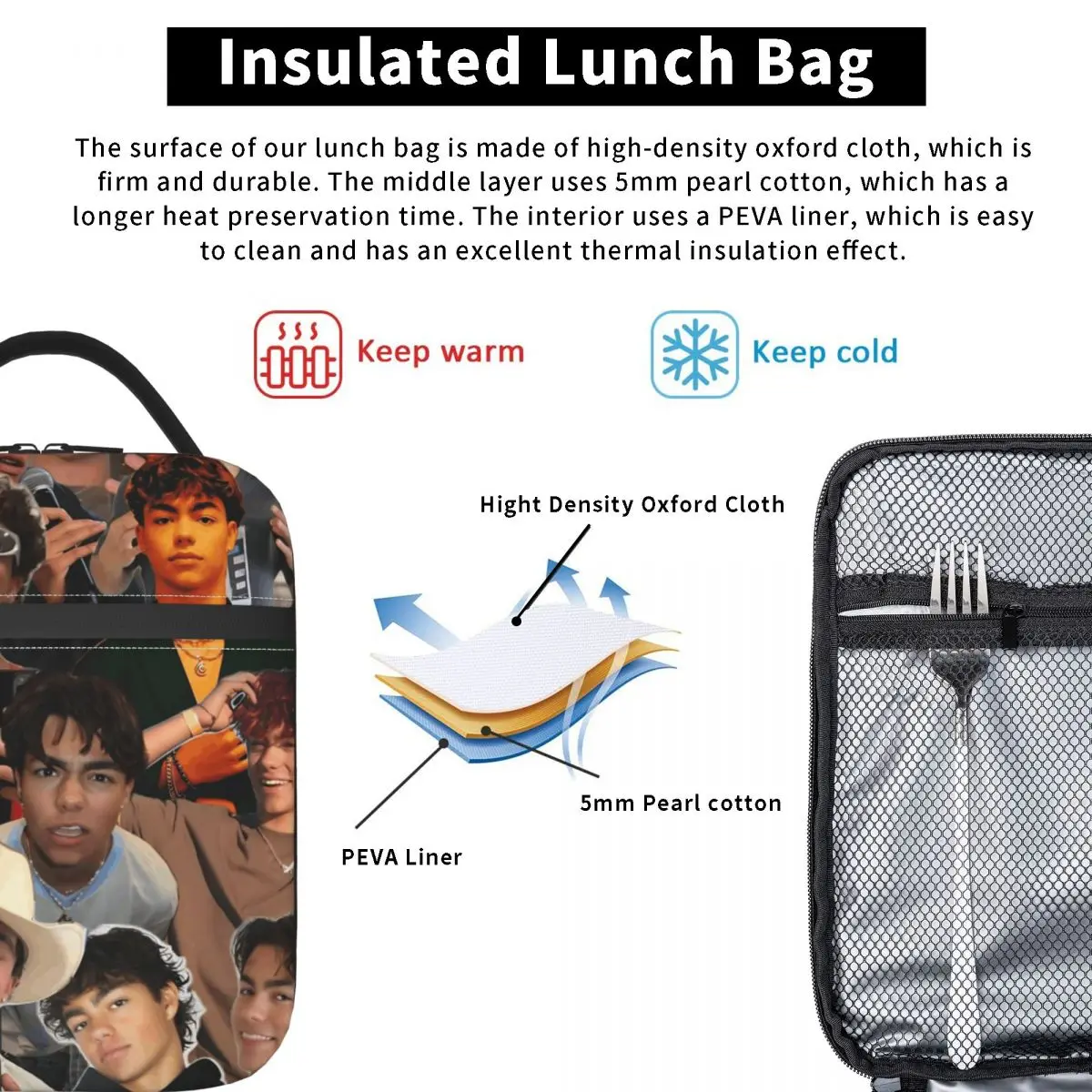Malachi Barton الممثل الأمريكي والمغني صور نمط حقيبة الغداء للنساء علب الاغذية مضحك حقيبة للحفاظ على البرودة أكسفورد حمل أكياس الغذاء #3