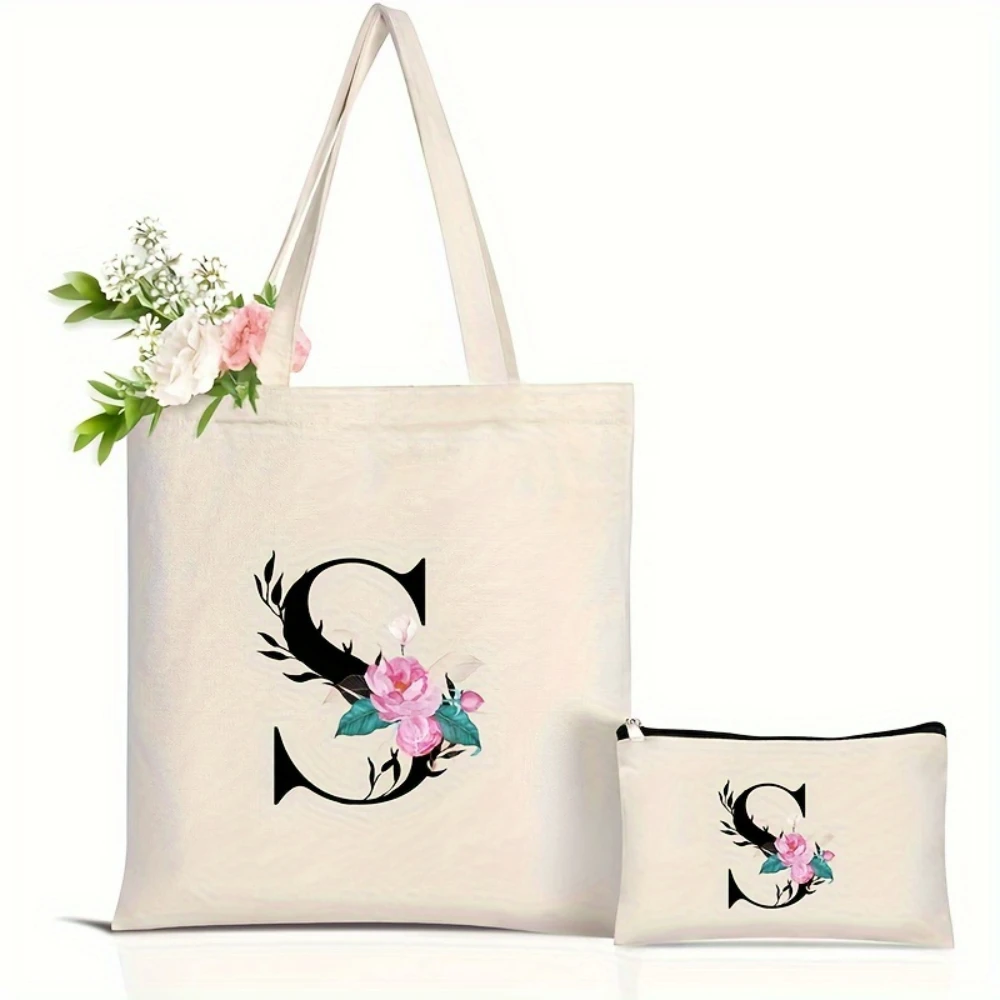 Elegant Floral Alphabet Tote Bag Reusable Eco Friendly Shopping Bag for Women Spacious Commuter Purse Daily Use  Handbags Gift