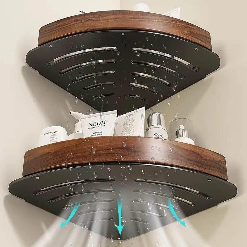 Single Tier No Drill Triangular Bathroom Corner Shelf Walnut Wood Space Aluminum Powder Coated Wall Mounted Shower Organizer